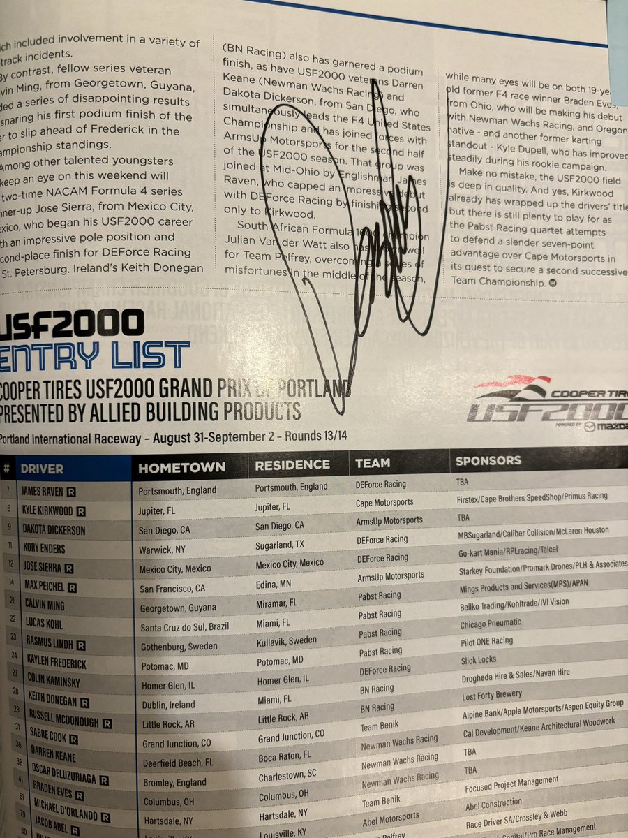 ラスムスリンドからインディプロ2000の頃のプロフィール、プログラムと、USF2000のエントリーリストにサインを頂きました！表彰台の写真は本人からのリアクションが良く、持っていって良かった。会いたかったドライバーの1人。やっと会えた😭