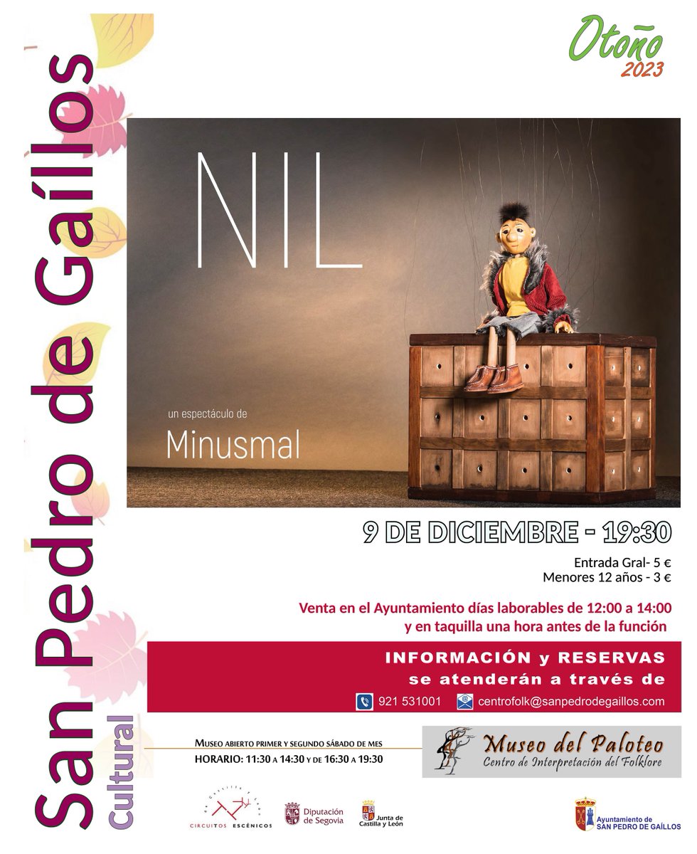 Este sábado último día de 2023 abierto. En invierno atendemos a grupos con reserva, y volvemos la primavera 2024.
Nos despedimos con  NIL, espectáculo de marionetas de hilo, que sorprenderá por la delicada y magnífica manipulación de Raimon Ruiz, Cía. Minusmal