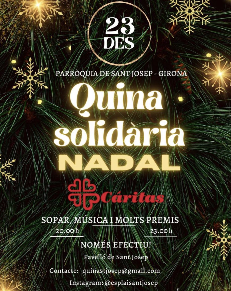 Per fi comença el compte enrrere per a la gran QUINA DE SANT JOSEP‼️🤩🎊

Sopar, música, familia, amics, molts premis i sobretot molta alegria i diversió🎄🥳🎉

🗓️23 de desembre a les 20:00h al Pavelló de Sant Josep⛪️

US HI ESPEREM🫱🏼‍🫲🏽