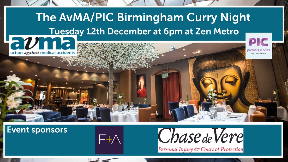 Not long to go till we are in Birmingham for the Action against Medical Accidents / PIC Legal Costs Specialists Curry Night on the Tuesday12th December! With only a few tickets remaining, don't miss out on a great evening, tickets are available at pic.legal/avma-pic-birmi…