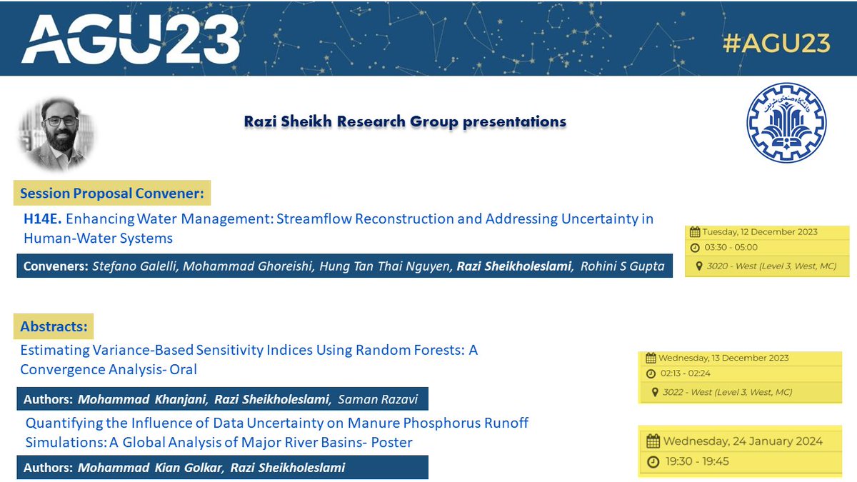Thrilled to share that my research group from Sharif University of Technology will be presenting at #AGU23! Join us as we delve into the latest advancements in hydrologic modelling and sensitivity/uncertainty analysis. #Hydrology #WaterResources #EnvironmentalModeling 🌐💧