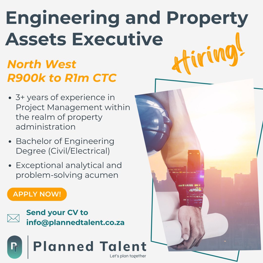 PlannedTalent's tweet photo. Job Alert!! 📢 We're seeking an Engineering and Property Assets Executive for one of South Africa's leading agricultural enterprises. Lead strategic decisions and project management. North West | R900k to R1m CTC | Apply now!
https://t.co/l9SKLnurYB
#hiring #engineeringjobs https://t.co/sIjdDlSP9d