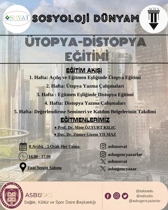 Sosyoloji ve Araştırmaları Topluluğu koordinasyonunda okulumuz topluluklarından olan Genç Yazarlar Topluluğu iş birliği ile Ütopya- Distopya Eğitimi Seminerleri gerçekleşecektir. Katılmak için formu doldurabilirsiniz. forms.gle/vxFqoFiVvW8T2R…
