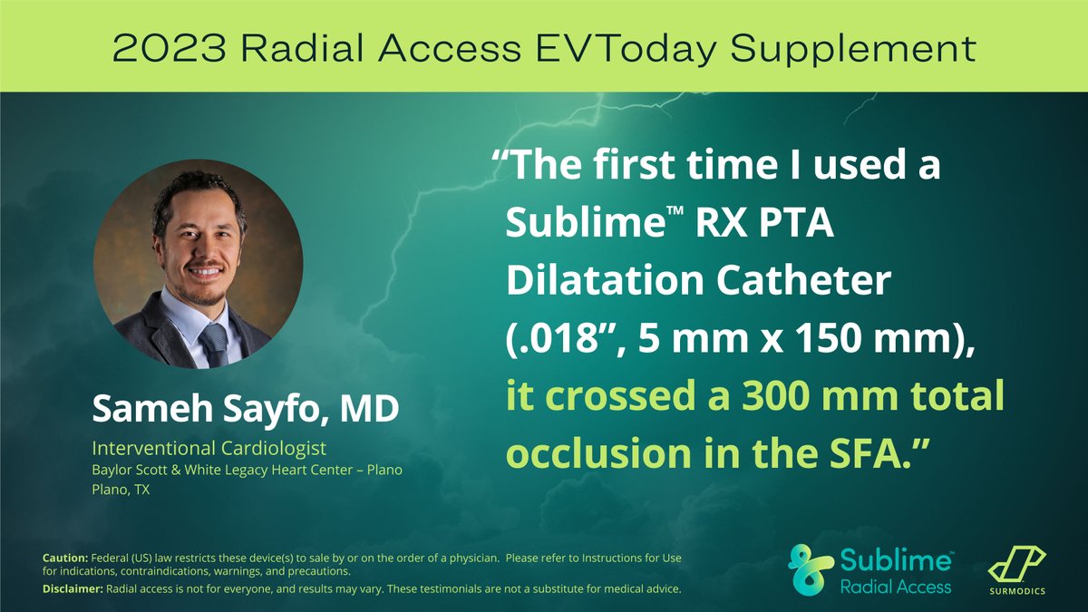 Surmodics's tweet photo. Scaling to 70% radial-to-peripheral in a hospital setting. See how Dr. Sameh Sayfo crosses a total SFA occlusion using Sublime™ guide sheaths, microcatheters and balloon catheters in @EVToday. https://t.co/lDaNSsazjD Rx only. #radialrev #radialaccess #radialfirst https://t.co/9VzLCgQAw8