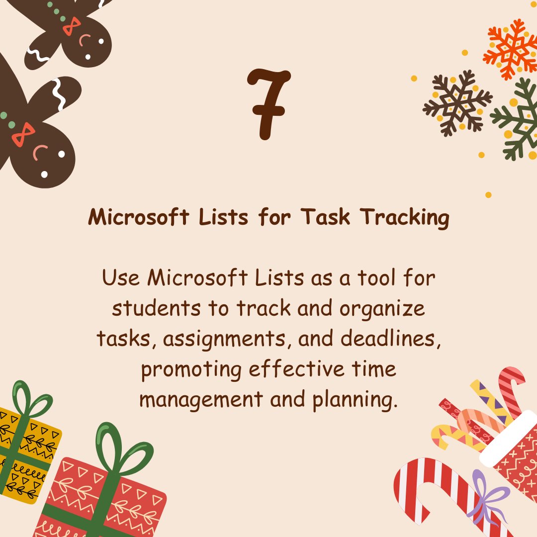 Accessibility Advent Day 7 

📃Unlock inclusive learning with Microsoft Lists! ✅

Lists helps track tasks &amp; assignments, supporting time management &amp; planning. Especially beneficial for students with ASN, providing a structured approach to enhance organization &amp; productivity.