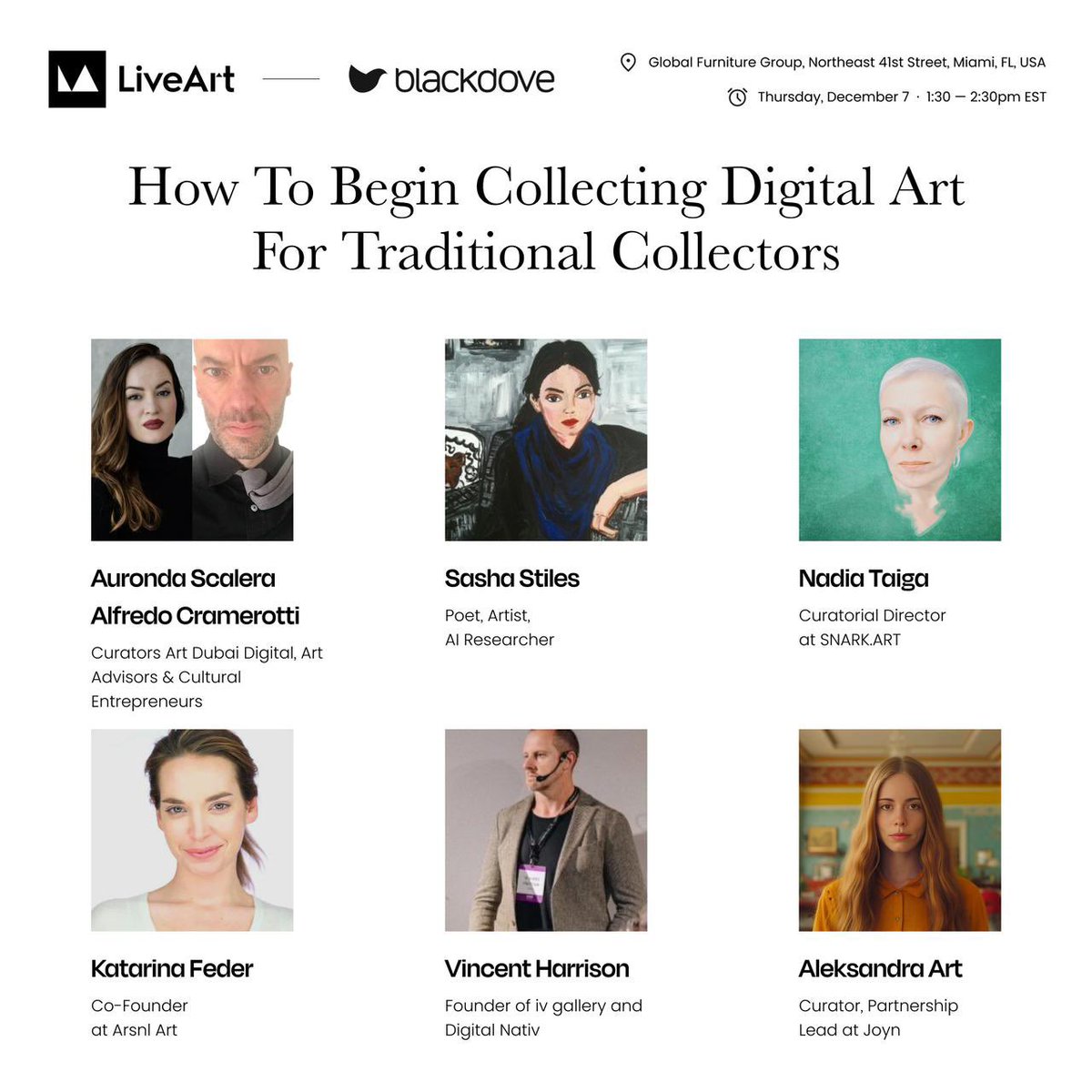 Aleksandra Art 🇺🇦 (@aljaparis) on Twitter photo Today 🎙️ 1:30pm📍Design District
<a href="/LiveArtX/">LiveArt</a> × <a href="/Blackdoveart/">Blackdove</a> bring us together:
<a href="/AurondaScalera/">auronda</a>
<a href="/CuratorView/">Alfredo Cramerotti | Curating art & people 🙌</a>
<a href="/sashastiles/">Sasha Stiles | AI alter ego Technelegy ✍️🤖</a>
<a href="/Nadia_Taiga/">Nadia Taiga</a>
<a href="/FederKatarina/">Katarina Feder</a>
<a href="/digitalnativla/">Digital Nativ</a>
For a cozy conversation👇🏻📰 Today 🎙️ 1:30pm📍Design District
<a href="/LiveArtX/">LiveArt</a> × <a href="/Blackdoveart/">Blackdove</a> bring us together:
<a href="/AurondaScalera/">auronda</a>
<a href="/CuratorView/">Alfredo Cramerotti | Curating art & people 🙌</a>
<a href="/sashastiles/">Sasha Stiles | AI alter ego Technelegy ✍️🤖</a>
<a href="/Nadia_Taiga/">Nadia Taiga</a>
<a href="/FederKatarina/">Katarina Feder</a>
<a href="/digitalnativla/">Digital Nativ</a>
For a cozy conversation👇🏻📰