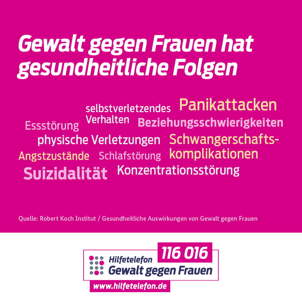 Gewalt gegen Frauen hat Folgen! Für Betroffene wirkt sich die Gewalterfahrung sehr oft auf die psychische und physische Gesundheit aus. Eine Tatsache, die verdeutlicht, welchen Schmerz Täter und Täterinnen teilweise lange über die eigentliche Tat hinaus verursachen.