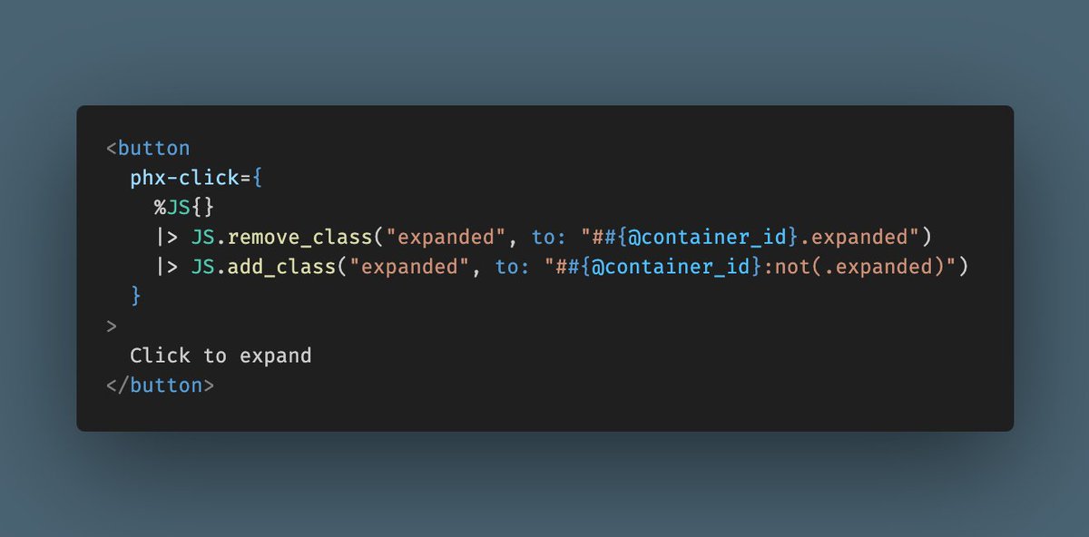 TylerAYoung's tweet image. TIL there&apos;s a workaround for what I thought was a missing primitive in LiveView.JS: toggling a class.

Simple, but clever, and removes the biggest reason I had to go to JS hooks.

#MyElixirStatus