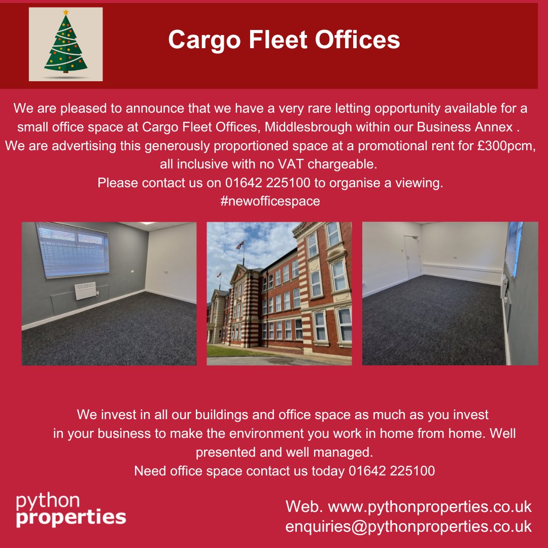Python_Prop's tweet image. We would like to share with you this spacious office within the Business Annex that has become available here at Cargo Fleet Offices for only £300 pcm all inclusive. Please contact us on 01642 225100 for more information #notjustofficespace