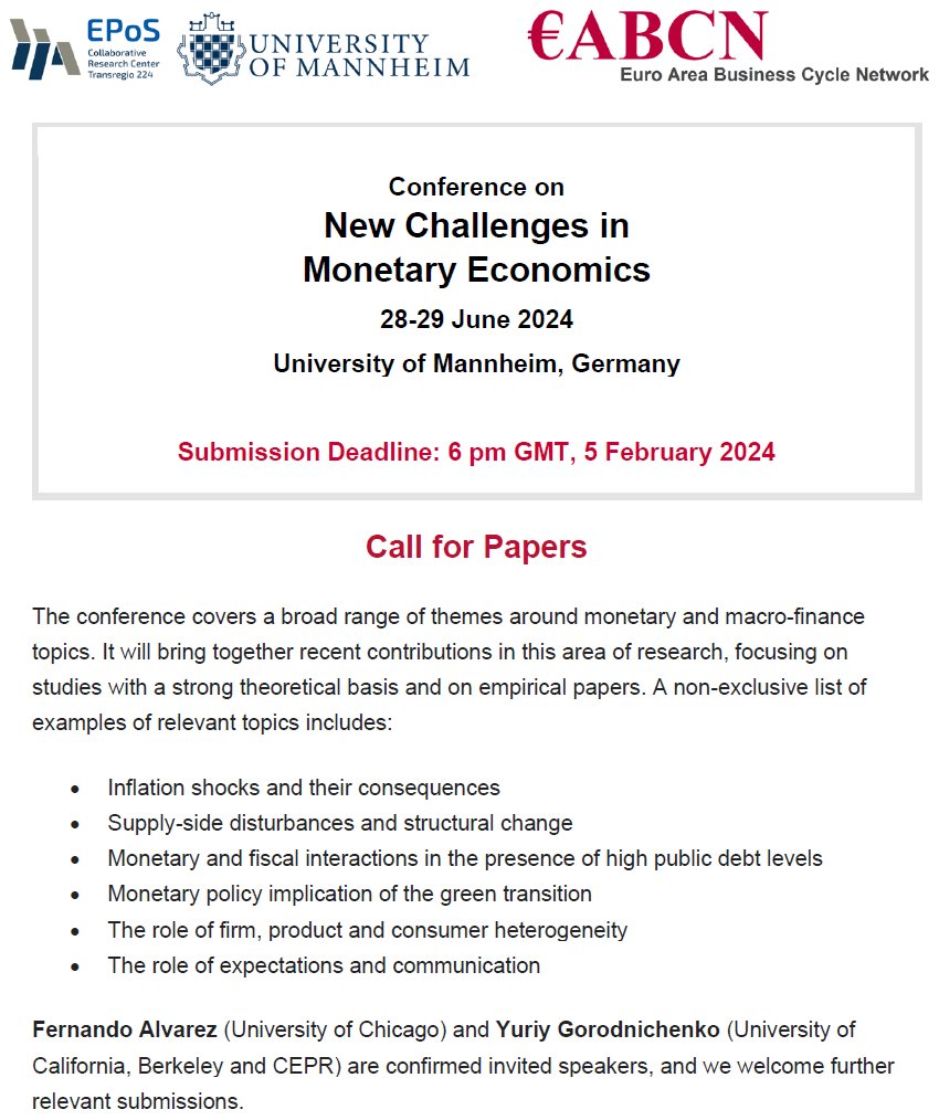 CfP: New Challenges in Monetary Economics. Deadline February 5th. Find out more here: eabcn.org/event/new-chal…