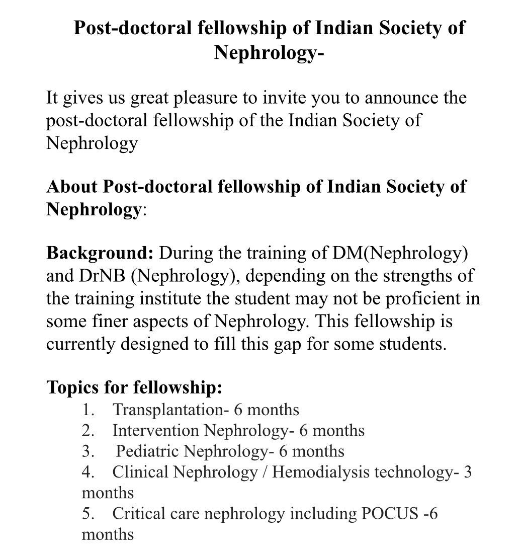 The @isn_india has announced Post-Doctoral Fellowships for Nephrologists. Most of the members should have received this news in the mail that @drshyambansal sent today. What are these fellowships? Let look at it 👉 5 topics/Fields for the fellowships