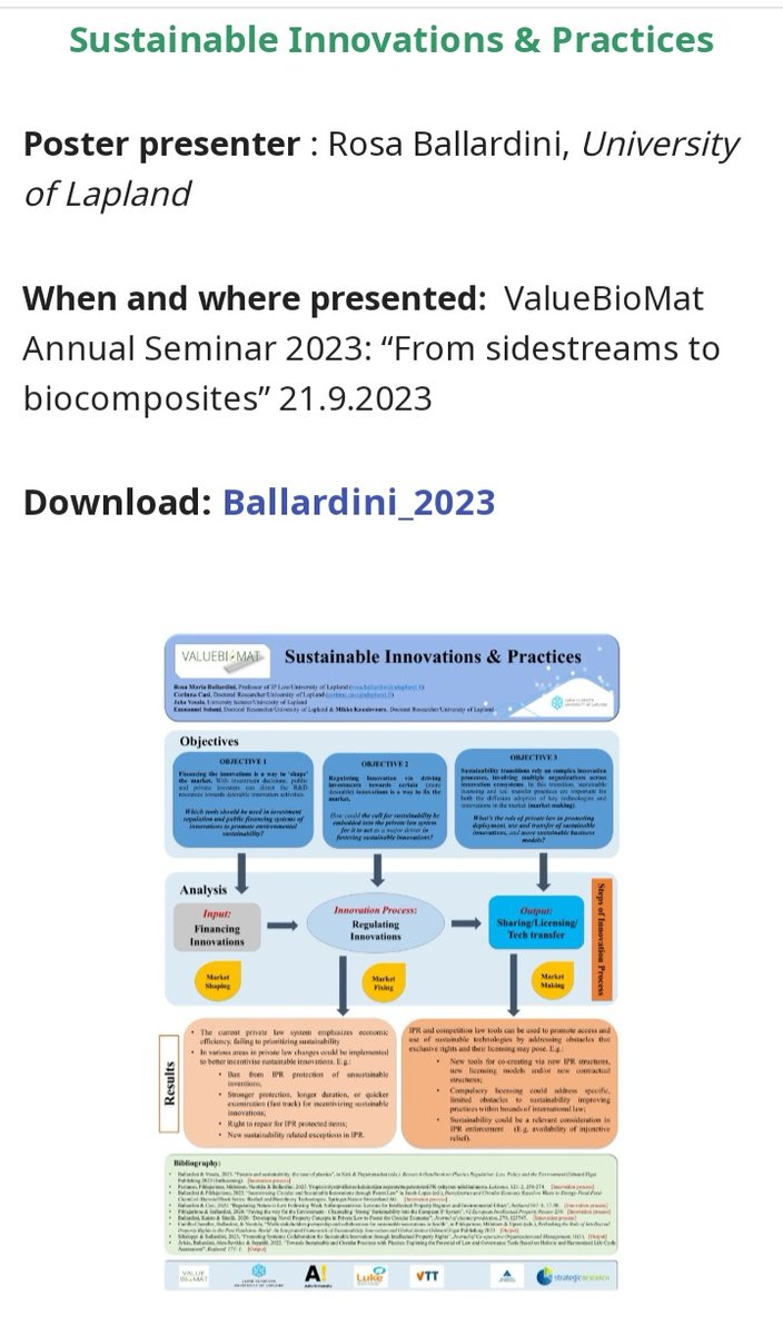 CorinnaCasi's tweet photo. Our #WP5 poster prepared by @BallardiniRM and me @CorinnaCasi @ulapland and @UniLaplandLaw on "#Sustainable Innovations and practices" is now on @valuebiomat website https://t.co/E4Qc4qtz9E https://t.co/zRf2HU72uL