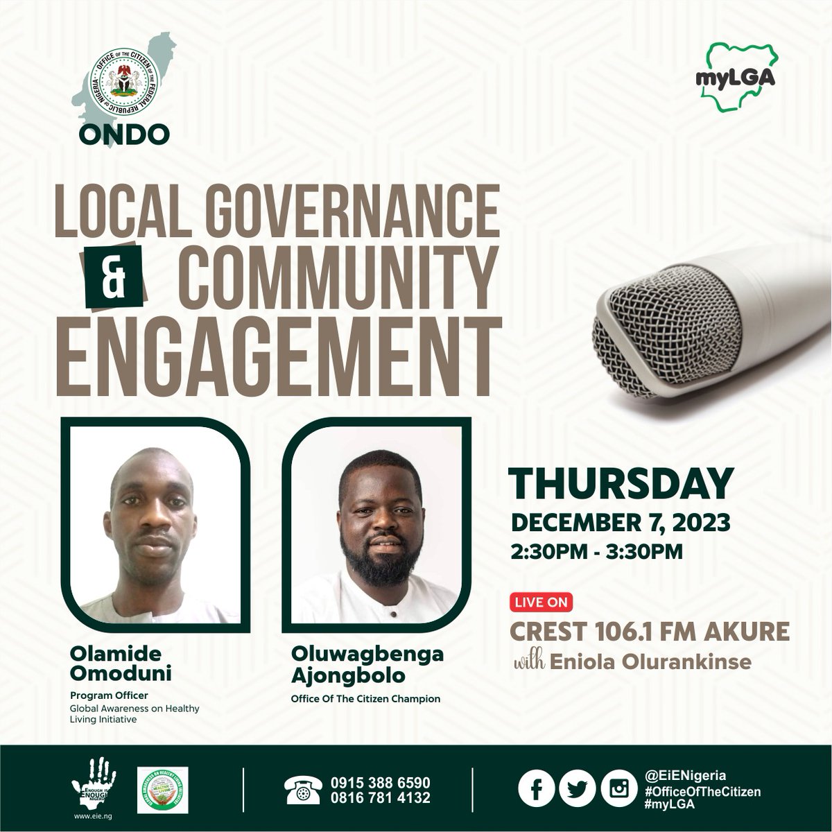 _omoduni's tweet photo. Ondo?
I would be on Crest 106.1FM to discuss Local Governance and Community Engagement with @arakunrinajos and @CitizenEni
Tune in
#OOTC
#OOTCOndo
#MyLG
#OfficeOfTheCitizen https://t.co/m6hxEXpx8O