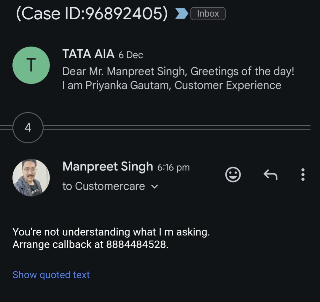 Me_altruistic's tweet photo. @TataAIA_Life I am asking a very simple question to your customer care executives and Noone is answering that question and giving all other information which I don't want. What kind of people you hire??
Please arrange a callback ASAP. https://t.co/3KwkFLgFUU