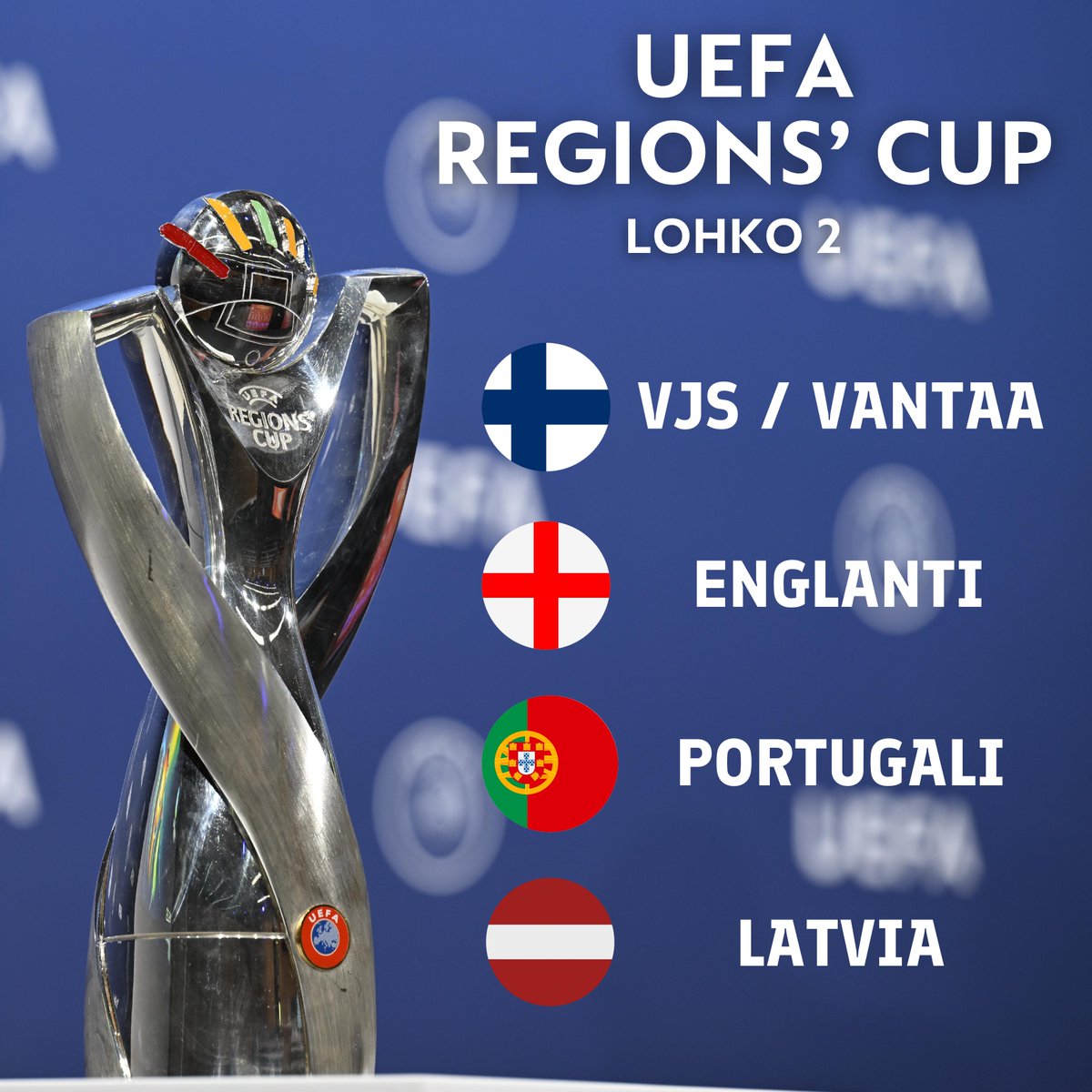 UEFA Regions' Cupin lohkovaihe on arvottu! Lohkovaihe pelataan miniturnauksena ensi vuoden aikana ja jokaisen lohkon voittaja etenee UEFA Regions' Cupin finaalivaiheeseen, joka pelataan kesällä 2025.

Suomea kilpailussa edustaa <a href="/vjs_vantaa/">VJS Vantaa</a> 🇫🇮

Lue lisää: palloliitto.fi/ajankohtaista/…
