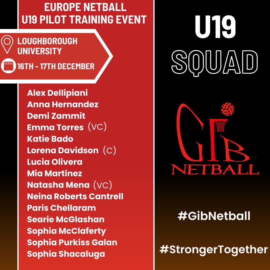 We’d like to announce our U19 squad, travelling to Loughborough next weekend! We are delighted to be participating in the first Europe Netball U19 pilot training event! #GibNetball #StrongerTogether