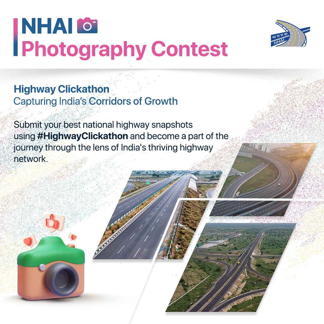 NHAI_Official's tweet photo. #NHAI announces #HighwayClickathon - 2023. Share pictures of National Highways from any part of India with the theme "Capturing India’s Corridors of Growth" to participate.
For T&C, read here: https://t.co/WOso9986km https://t.co/ooMVvDEpC4