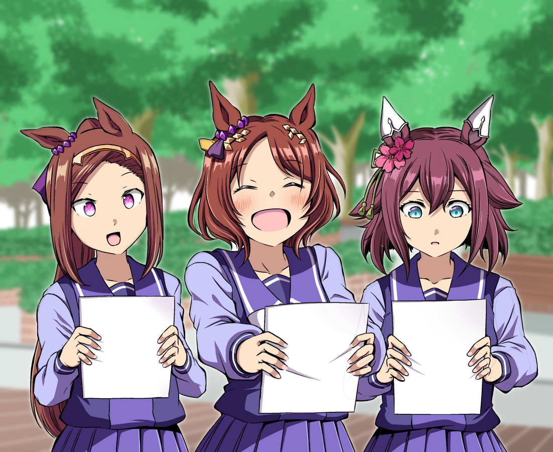 sakura bakushin o (umamusume) ,sakura chiyono o (umamusume) multiple girls 3girls animal ears school uniform horse ears tracen school uniform brown hair  illustration images