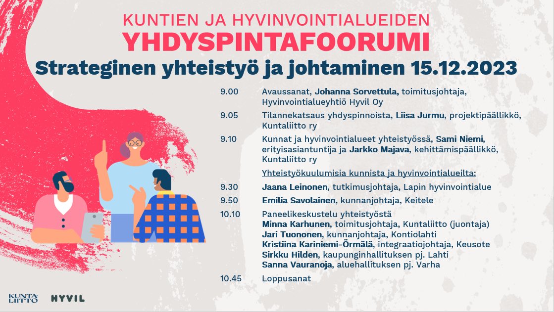 Vuoden viimeinen yhdyspintafoorumi on ensi viikon pe 15.12.2023 klo: 9-11⏰
Teemana strateginen yhteistyö ja johtaminen. Ja saatiinpa huiput asiantuntijat paikalle💎 Tervetuloa mukaan!

Ilmot ja ennakkokysymykset💌: kuntaliitto.fi/tapahtumat/202… 
<a href="/Kuntaliitto/">Kuntaliitto | Kommunförbundet</a> <a href="/HyvilOy/">Hyvinvointialueyhtiö Hyvil Oy</a> #yhdyspinnat