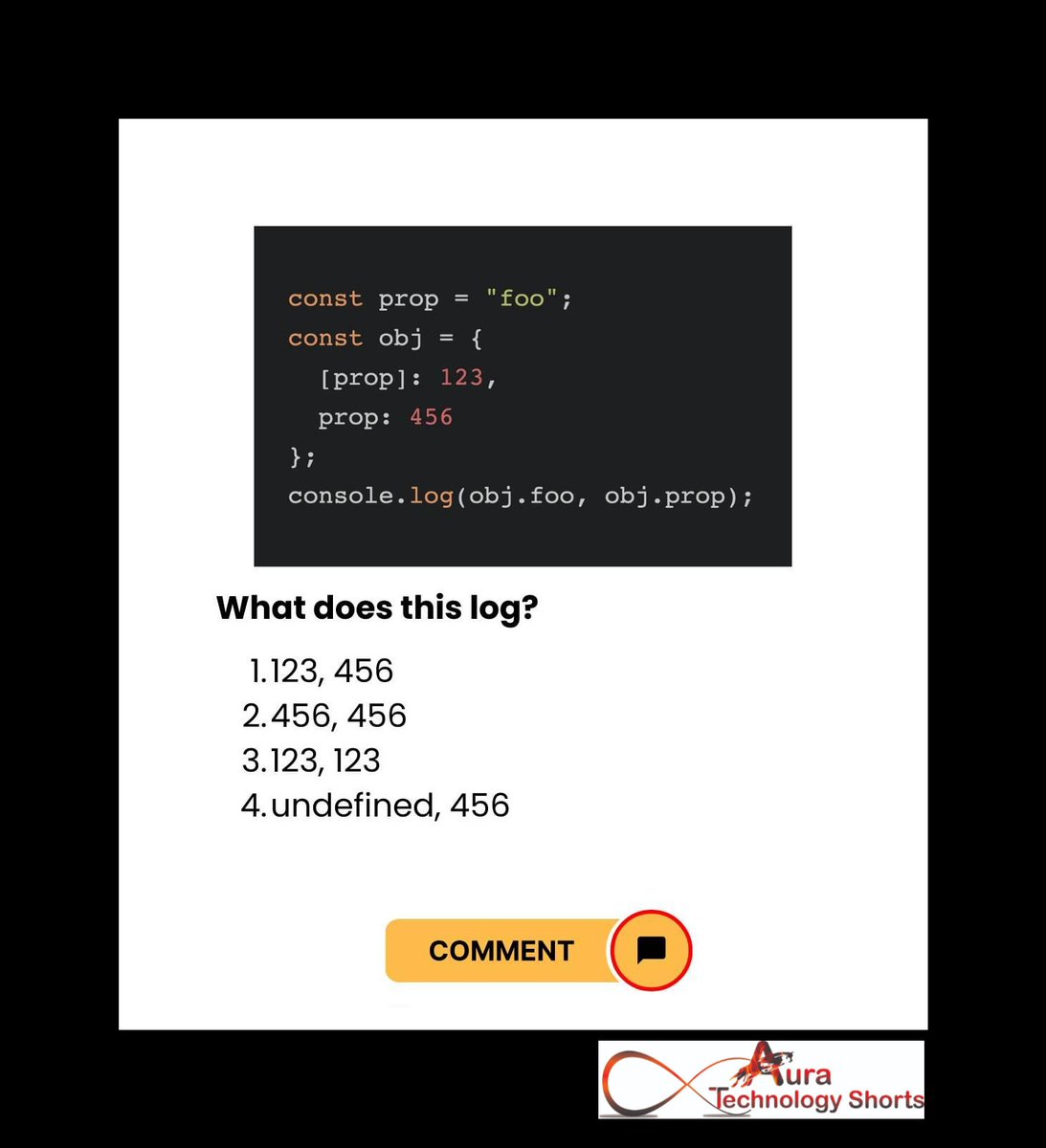Auratechno72007's tweet image. Quiz time
..............
#JavaScriptQuiz, #JSQuiz, #JavaScriptQuestions, #JSQuestions, #CodingQuiz, #ProgrammingQuiz, #TechQuiz, #CodingQuestions, #ProgrammingQuestions, #TechQuestions