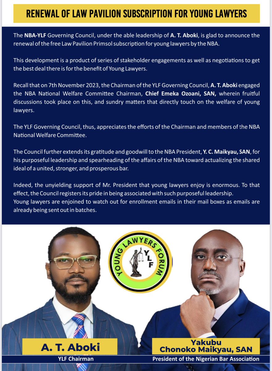 The wait is finally over!

The Law Pavilion Primsol Subscription for Young Lawyers has been renewed.

Please kindly check your email addresses for a mail to that effect.
#nbaylf #nigerianbarassociation