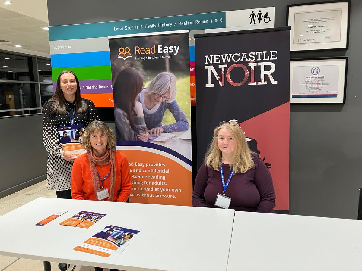 Read Easy Newcastle and North Tyneside @NewcastleNoir at Newcastle Central Library. We’re here Friday 5-8 and all day Saturday. Come and see us! #AdultLiteracy #Volunteering #Reading #Newcastle #NorthTyneside