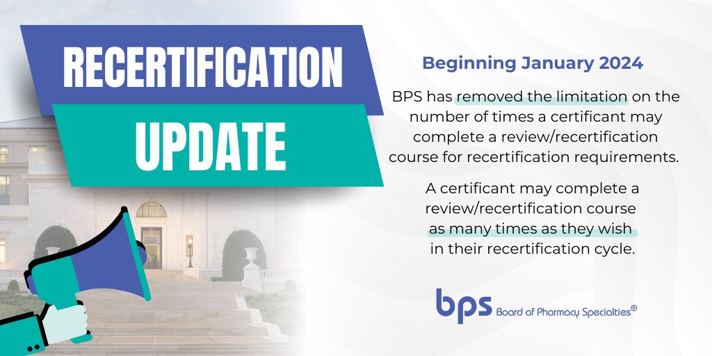 Planning to complete your recertification requirements in 2024 or beyond? Beginning in January, #BPS will allow certificants to complete a specialty review/recertification course any number of times during their recertification cycle.

Learn more here: bpsweb.org/recertificatio…