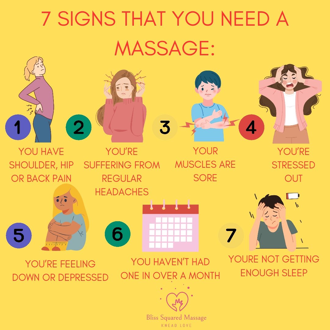 Feeling the stress?  Here are 7 unmistakable signs your body is begging for a massage! Time to give yourself the self-care you deserve.

#MassageTime #StressRelief #SelfLove #BodyMindBalance #HolisticHealth #RelaxationStation #MindfulnessJourney