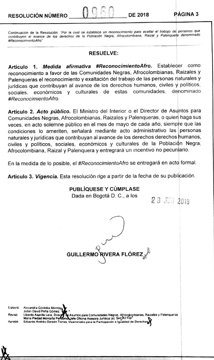 En el 2️⃣0️⃣1️⃣8️⃣ nació el Reconocimiento Afro 💪🏾 en el Teatro Colón de Bogotá, donde se llevó a cabo su 1️⃣ra versión. Hoy hace parte del ordenamiento jurídico del país. Por ende, señor Ministro <a href="/velascoluisf/">Luis Fernando Velasco Chaves 🚩</a> le pido dar cumplimiento al Acto Administrativo. 
#Reconocimiento #Afro