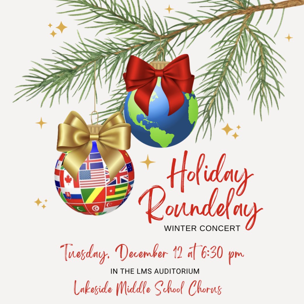 Please join us Tuesday, December 12 at 6:30 pm for our Chorus Winter Concert! We will be performing holiday songs from different countries around the world. Hope to see you there!
