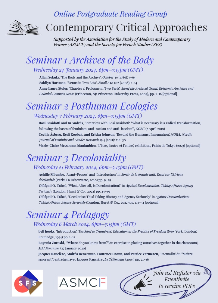 ASMCF (@asmcf) on Twitter photo We are excited to host 'CONTEMPORARY CRITICAL APPROACHES' an online reading group with <a href="/french_studies/">French Studies</a> this Spring 2024.
To register, and to receive PDFs of the invited readings, sign up here: eventbrite.com/e/sfsasmcf-onl… We are excited to host 'CONTEMPORARY CRITICAL APPROACHES' an online reading group with <a href="/french_studies/">French Studies</a> this Spring 2024.
To register, and to receive PDFs of the invited readings, sign up here: eventbrite.com/e/sfsasmcf-onl…