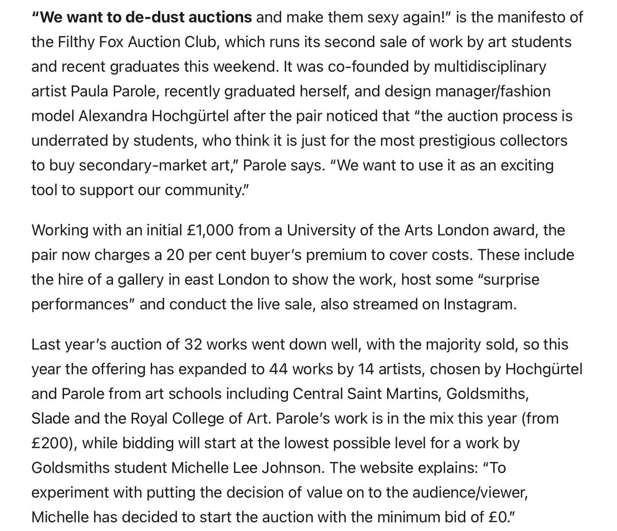 Moving further away from myth-making towards commodification. Good?-“We want to de-dust auctions and make them sexy again!” is the manifesto of the Filthy Fox Auction Club, which runs its second sale of work by art students&recent graduates. By @mgerlis ft.com/content/44ae58…