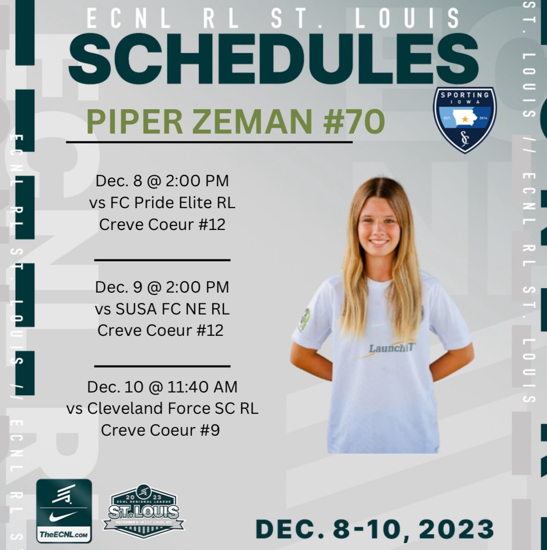 Piper Zeman (@piperzeman2026) on Twitter photo Excited to play with my teammates in St. Louis this weekend! Look at my schedule below!
<a href="/SportingIowa/">Sporting Iowa</a> #ECNLRLSTL Excited to play with my teammates in St. Louis this weekend! Look at my schedule below!
<a href="/SportingIowa/">Sporting Iowa</a> #ECNLRLSTL