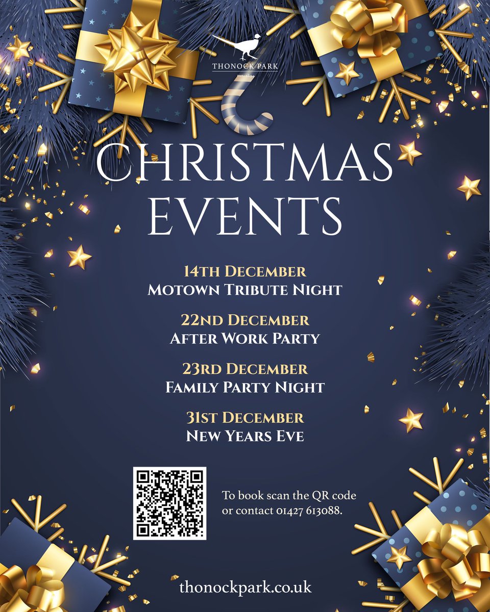 📣 Last minute Christmas Party dates available 🥳
14/12/2023 - Motown Tribute 
22/12/2023 - After Work Party (4pm - 9pm) 
23/12/2023 - Family Party Night
31/12/2023 - New Years Eve Celebration
➡️ To book visit our website thonockpark.co.uk/meetings-event… or 📞 us on 01427 613088, option 1