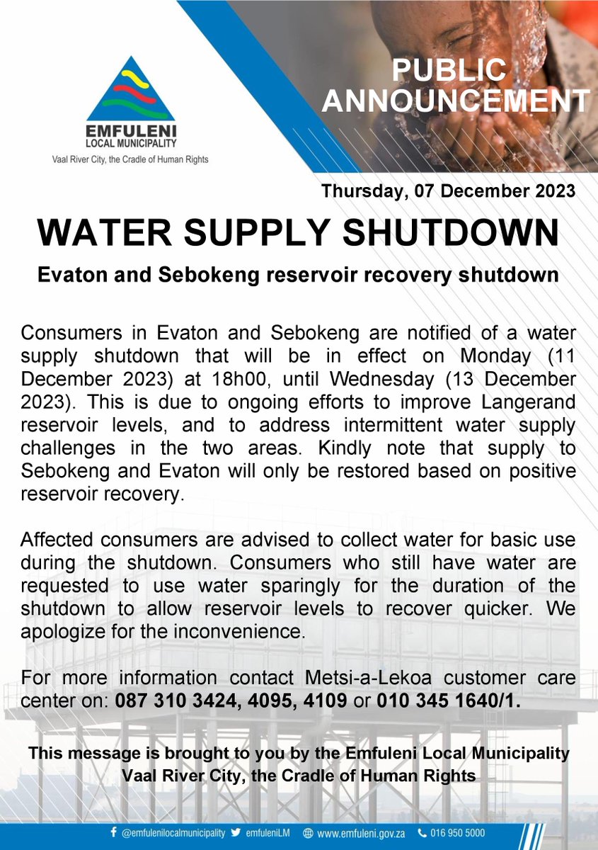 WATER ALERT 🚨🚨🚨 

#Evaton #Sebokeng