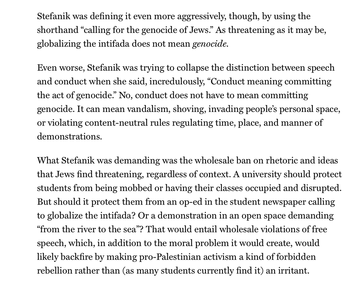 Agree with this from <a href="/jonathanchait/">Jonathan Chait</a>. Stefanik's questioning was demagogic. Universities should enforce codes of conduct, not assume the most sinister interpretation of ambiguous slogans/arguments, and then ban them on that basis
nymag.com/intelligencer/…