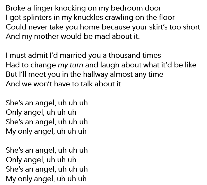 Flowercrowns28's tweet photo. Here's what I can hear in this audio (I'm not an English native, so it's likely there are some mistakes). 
In cursive I've written some lyrics I'm really not sure about.
#HarryStyles #OnlyAngel #leak #demo #lyrics https://t.co/9jaKWAIyCj