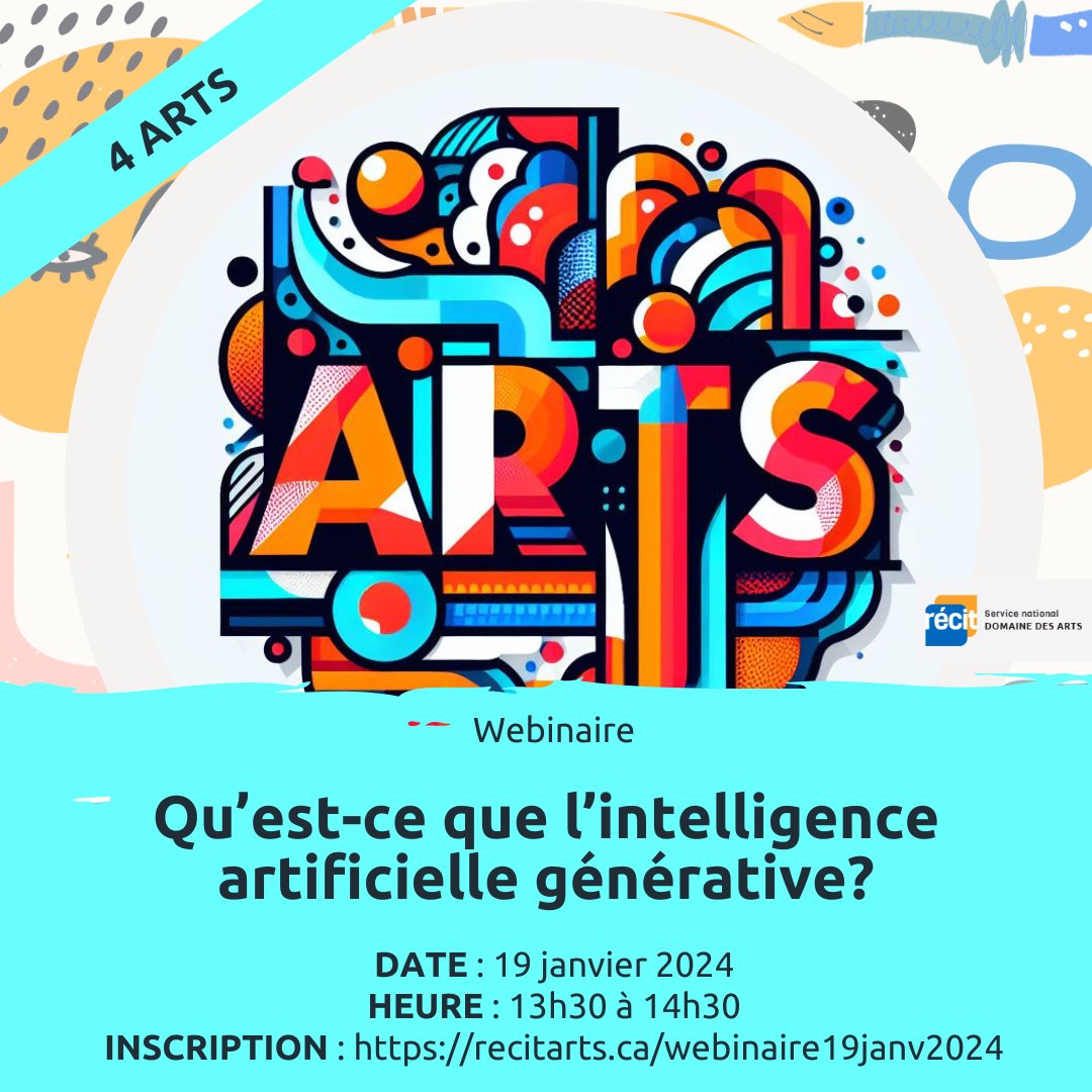 Webinaire du 19 janvier 2024 "Qu'est-ce que l'intelligence artificielle générative?" : les bases de cette technologie, différents outils pour générer du texte, des images, du son et de la vidéo, et certains points de vigilance à considérer.
Inscription : recitarts.ca/webinaire19jan…