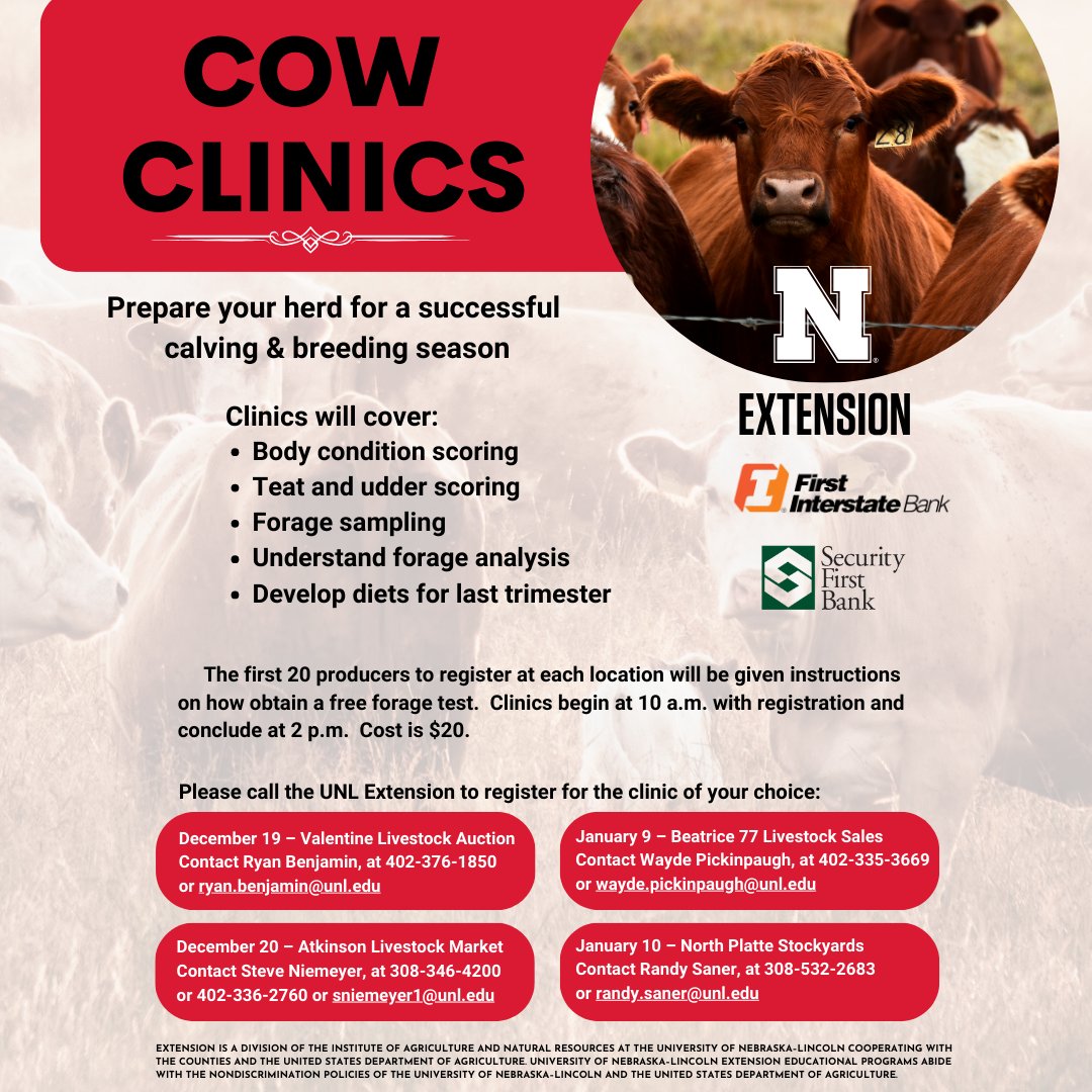Nebraska Extension is hosting Cow Clinics during December and January to review some of the basic management factors that can lead to a successful calving and breeding season.  More info at beef.unl.edu.