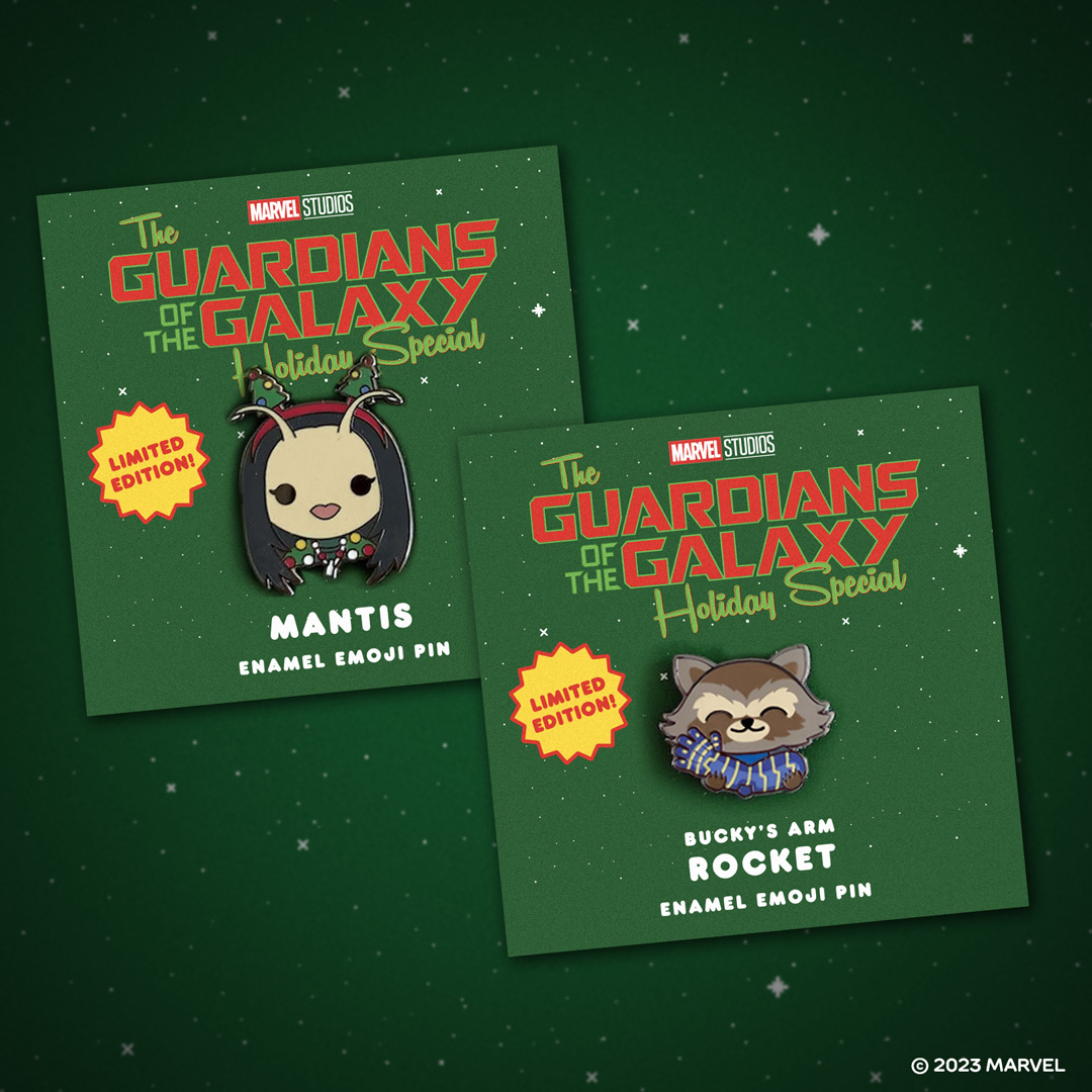 Celebrate the Holidays with Mantis and Rocket with Bucky's Arm from Marvel Studios' Guardians of the Galaxy Holiday Special. These new Emoji Enamel Pins will be available at 100soft.shop Friday, 12/8 at 10am PST!