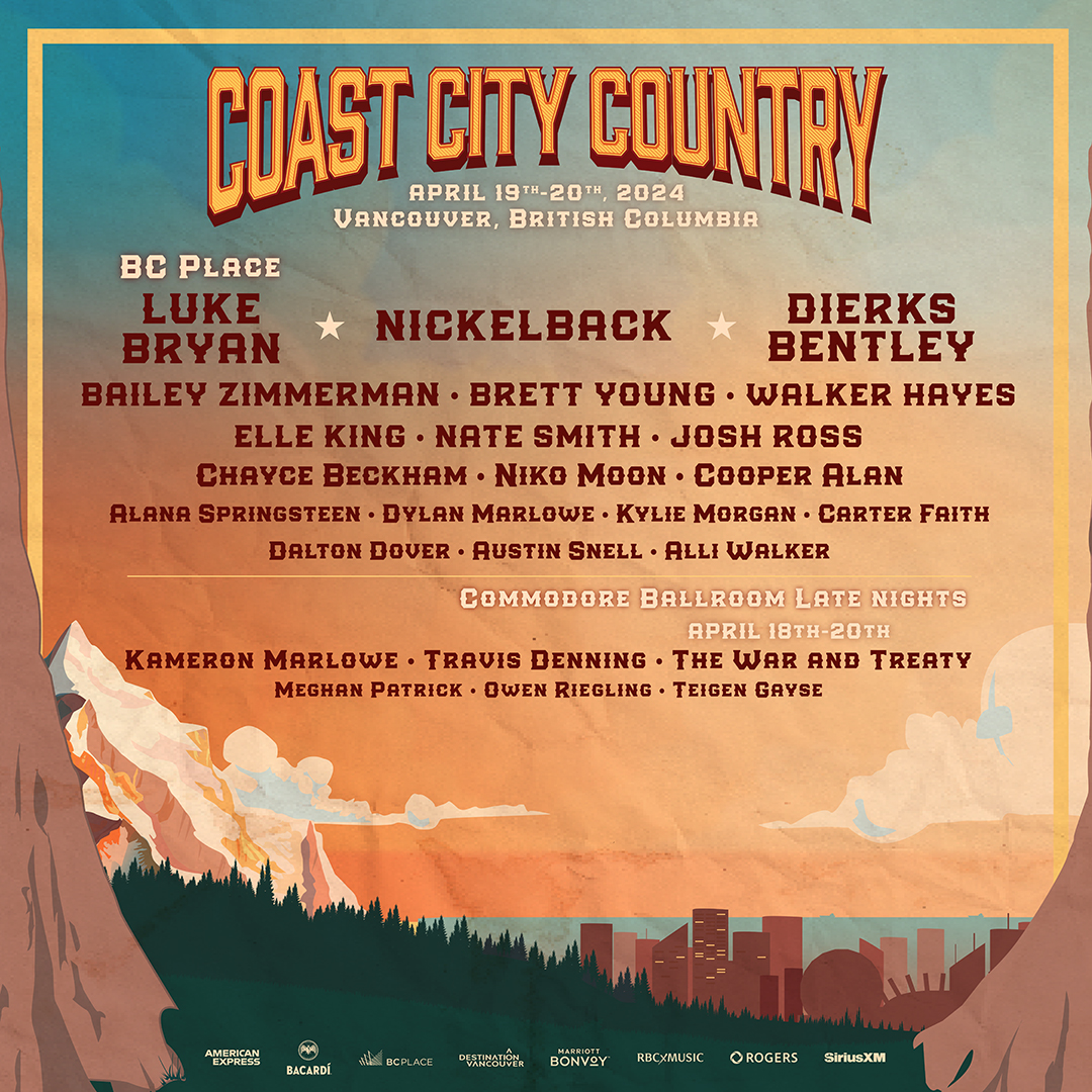 🐎 PRESALE ON NOW! Use code: COASTCITY to get your tickets to see @lukebryan @Nickelback @DierksBentley and more April 19-20 in Vancouver, BC! Use the same code to access tickets to the @commodoreballroom Kick Off Party + Late Nights! 🎟️: CoastCityCountry.com/tickets