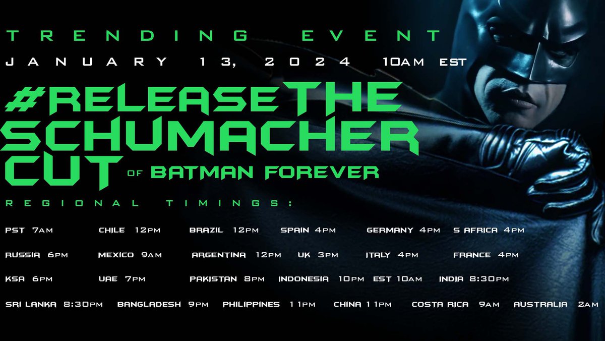 CutSchumacher's tweet photo. Time Zones Revealed! Now all we have left to share for our upcoming #ReleaseTheSchumacherCut event is details. While we are getting it trend, we are about to do something special. Be sure your calendars are marked and ready, when the real game begins Saturday 01/13/24 10 AM EST. https://t.co/oPtQq5QBsA