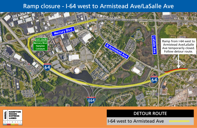 The I-64 west off-ramp to Armistead Ave./LaSalle Ave. (exit 265B) in 
<a href="/cityofhampton/">City of Hampton</a> is scheduled to close Dec. 11-15 from 10 p.m. to 5 a.m. as part of construction for the Hampton Roads Express Lanes Hampton Segment and a signed detour will be in place. conta.cc/3Tffu5n