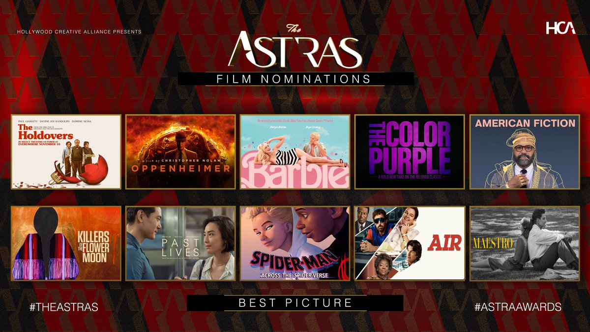 The nominees for Best Picture are:

'Air”
'American Fiction”
'Barbie”
'The Color Purple”
'The Holdovers”
'Killers of the Flower Moon”
'Maestro'
'Oppenheimer”
'Past Lives”
'Spider-Man: Across the Spider-Verse”

#TheAstras #AstraAwards #HCAAwards #AirMovie #AmericanFiction #Barbie