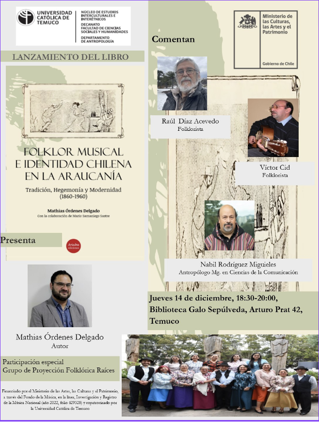 NEII_UCT's tweet photo. El próximo jueves 14 de diciembre se invita a la presentación del libro "Folklor musical e identidad chilena en La Araucanía. Tradición, hegemonía e identidad (1860-1960)" de Mathias Órdenes y Mario Samaniego. https://t.co/5EMfdKs3WR