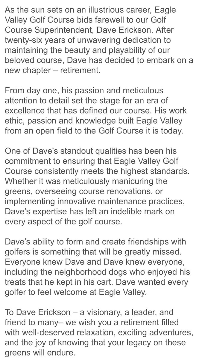 EagleValleyGC's tweet photo. Thank you Dave Erickson for 26 years of dedication to make Eagle Valley the course it is today. 

Enjoy retirement! https://t.co/XVKN9zS0ty