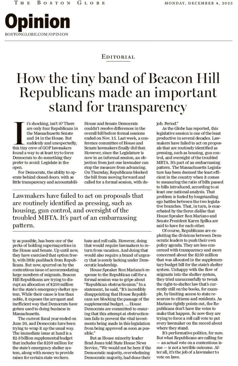 Rare Boston Globe Editorial Board editorial from Dec. 4 giving kudos to MA Republican Legislators over calls for a formal session on omnibus spending bill.  bostonglobe.com/2023/12/04/opi…