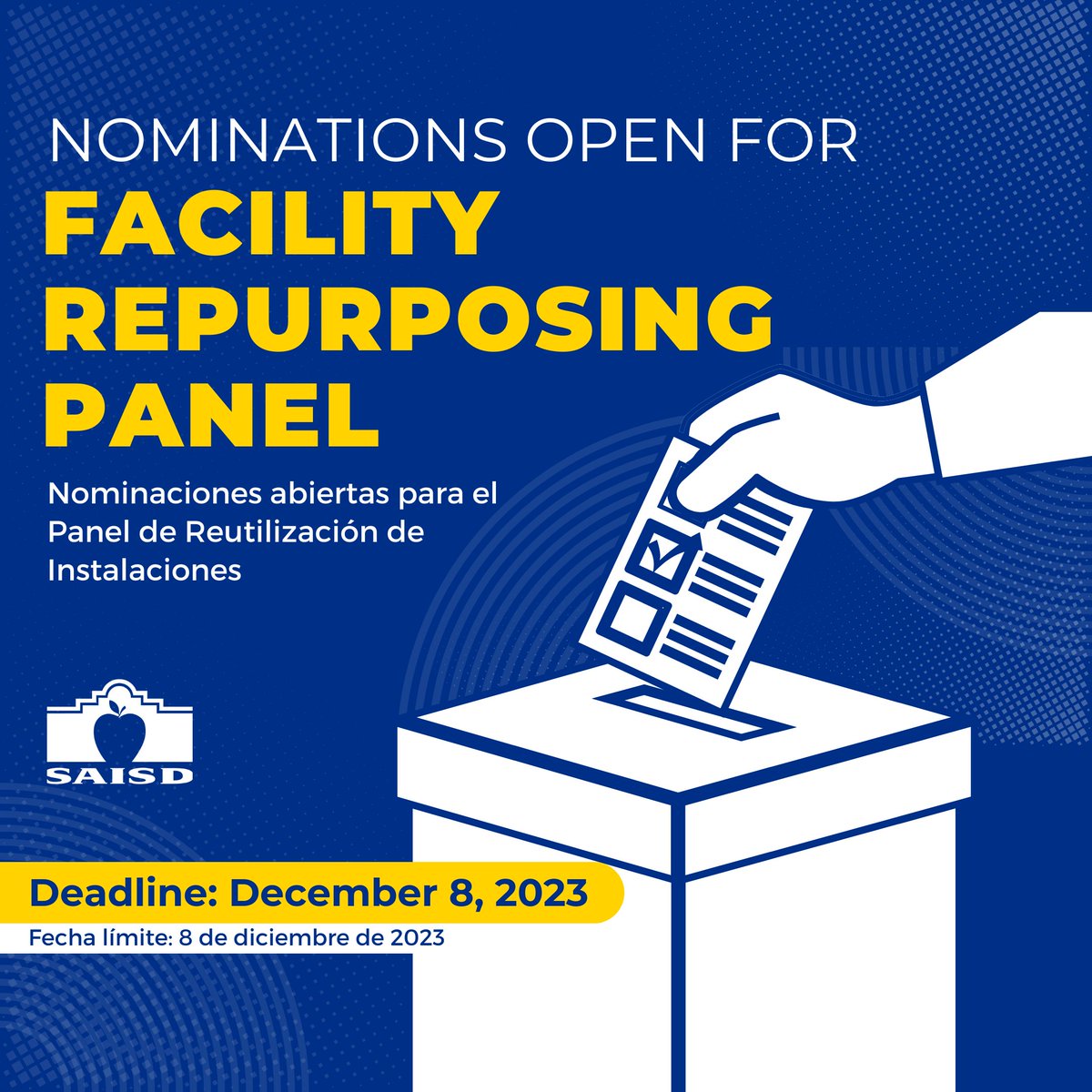 Reminder: Tomorrow is the last day to make a nomination for the Facility Repurposing Panel. 
Recordatorio: Mañana es el último día para hacer una nominación para el Panel de Reutilización de Instalaciones.

form.jotform.com/233195972688171