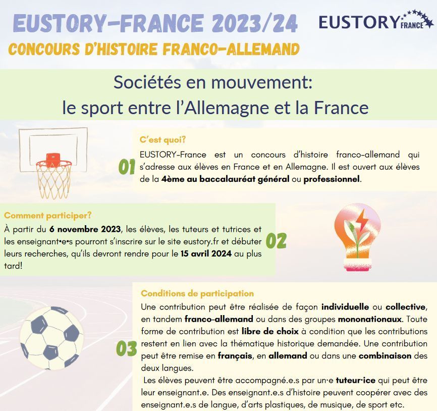 MIKL_Bertrand's tweet photo. Le concours franco-allemand #Eustory 2023-2024 a pour thème "Sociétés en mouvement, le sport entre l'Allemagne et la France".
@ofaj_dfjw @APHG_National
Plus d'infos sur le site de l'@AcademieDijon 👉 https://t.co/fD3do5mhtI https://t.co/ASVwgAbLCD
