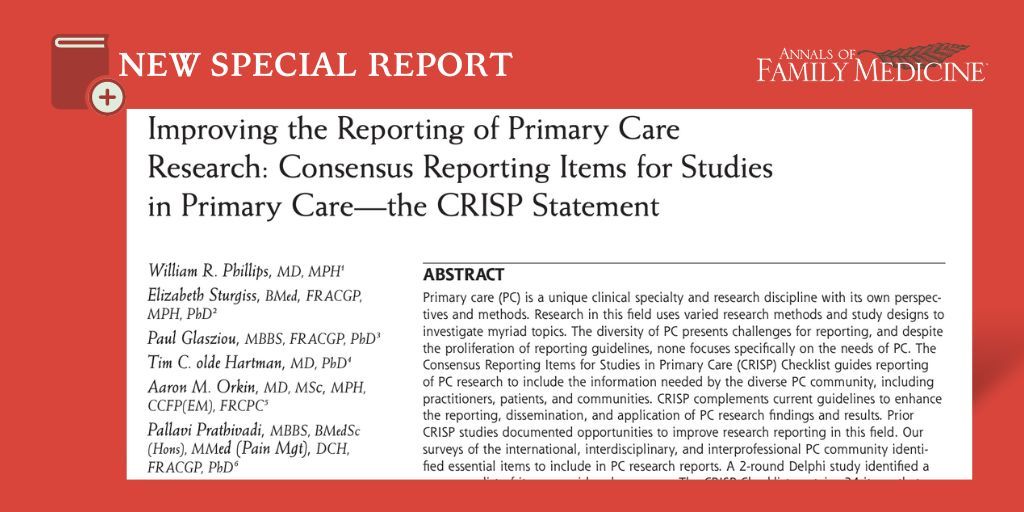 Annals of Family Medicine (@annfammed) on Twitter photo The CRISP Statement and Checklist have been created to inform the design & reporting of primary care studies and works intended for PC practice application. Special report by <a href="/BillPhillipsMD/">Bill Phillips</a> <a href="/timoh77/">Tim olde Hartman</a> <a href="/LizSturgiss/">Dr Liz Sturgiss</a> et al: bit.ly/3sC7AIJ The CRISP Statement and Checklist have been created to inform the design & reporting of primary care studies and works intended for PC practice application. Special report by <a href="/BillPhillipsMD/">Bill Phillips</a> <a href="/timoh77/">Tim olde Hartman</a> <a href="/LizSturgiss/">Dr Liz Sturgiss</a> et al: bit.ly/3sC7AIJ